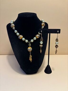 Handcrafted GT Faux Pearl & Lampglass  Beaded Necklace with Matching Earrings